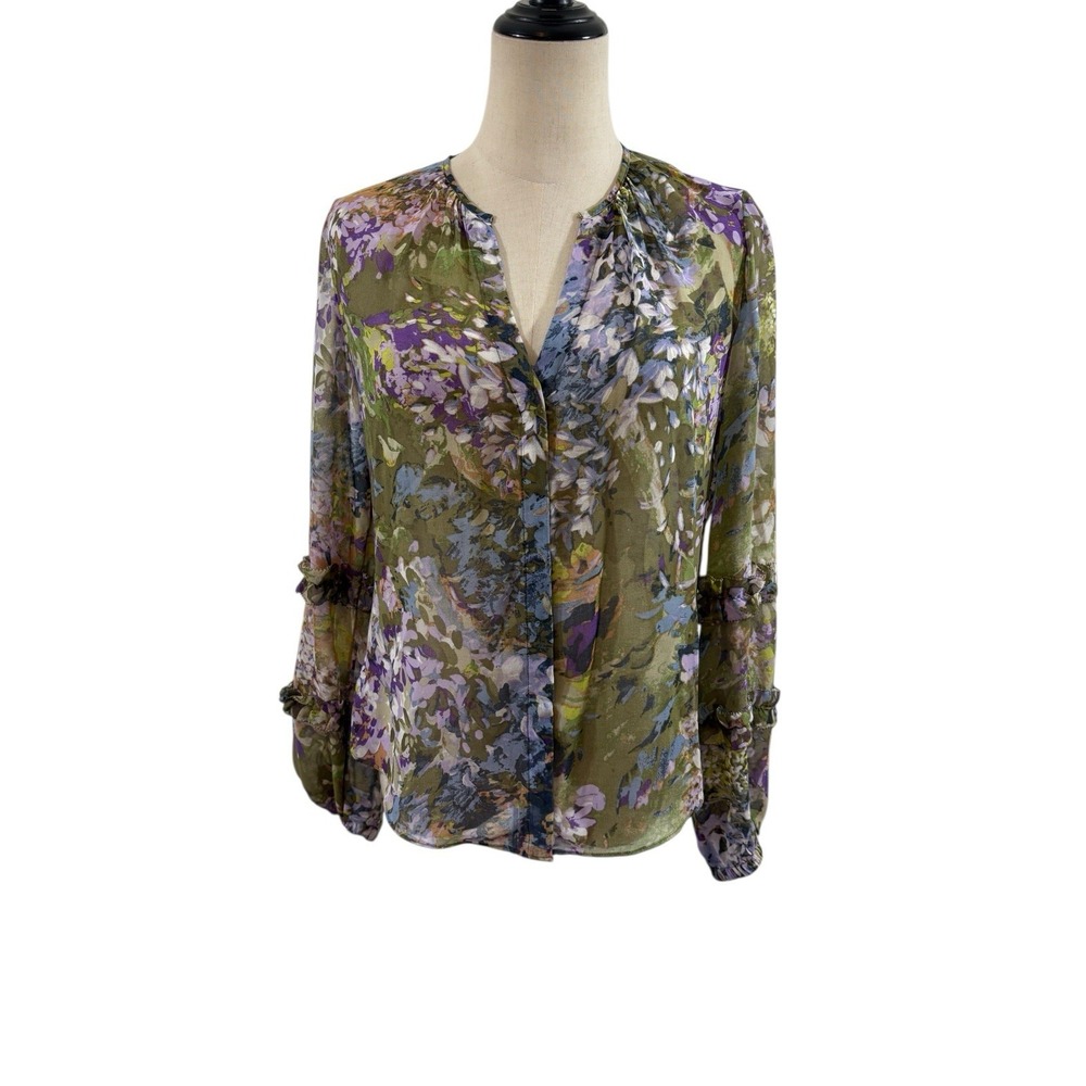 Whbm Sheer Watercolor‎ Floral Top Blouse Sz XS Office Romantic Ruffle Sleeve